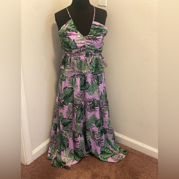 NSR Green Purple Floral Maxi Dress Tiered Layered Ruffles Sleeveless S NEW - Picture 2 of 11